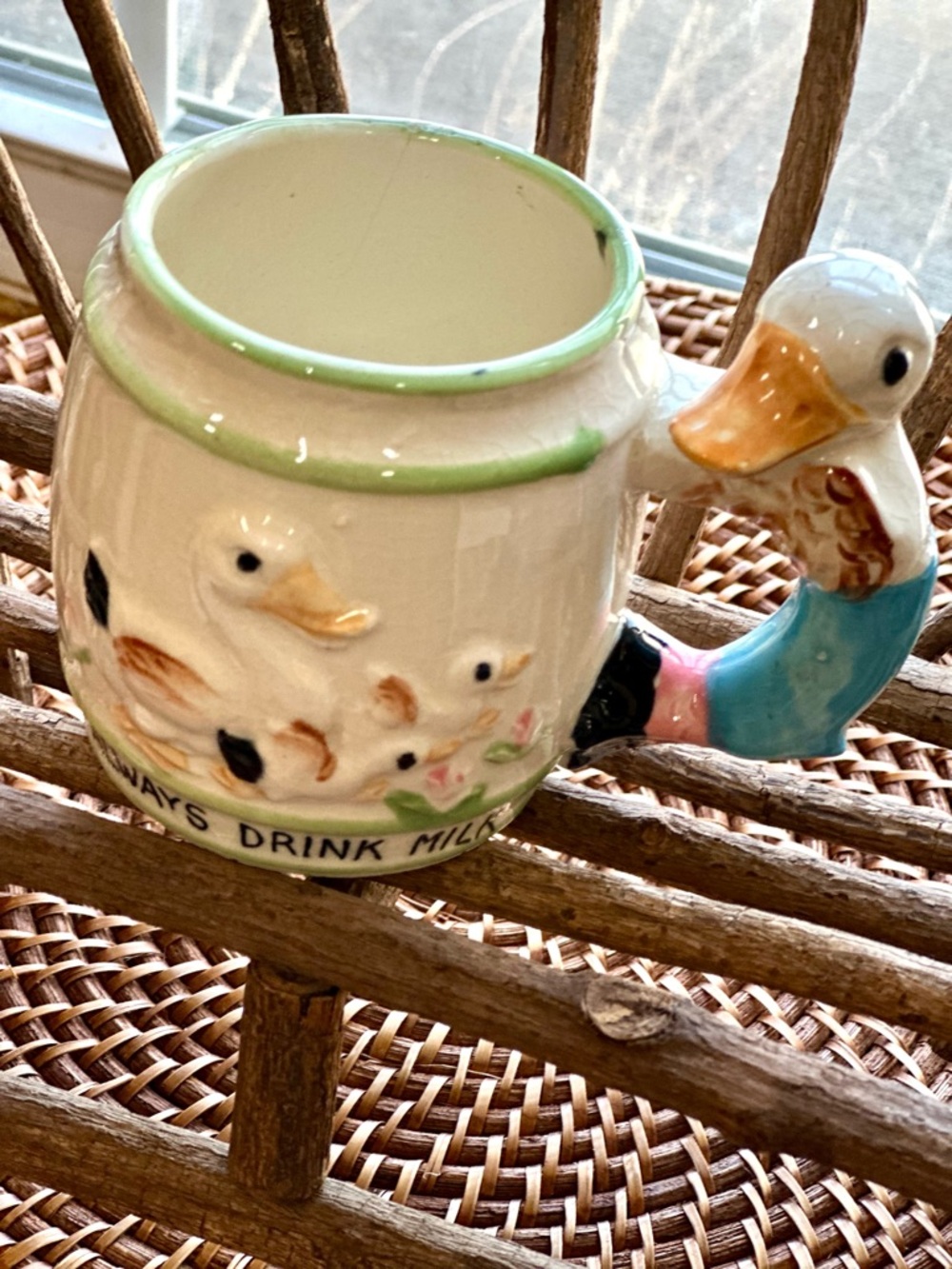 Vintage Set of Always Drink Milk Ceramic Animal Handle Mugs Cream Pastel Accents - Picture 5 of 10